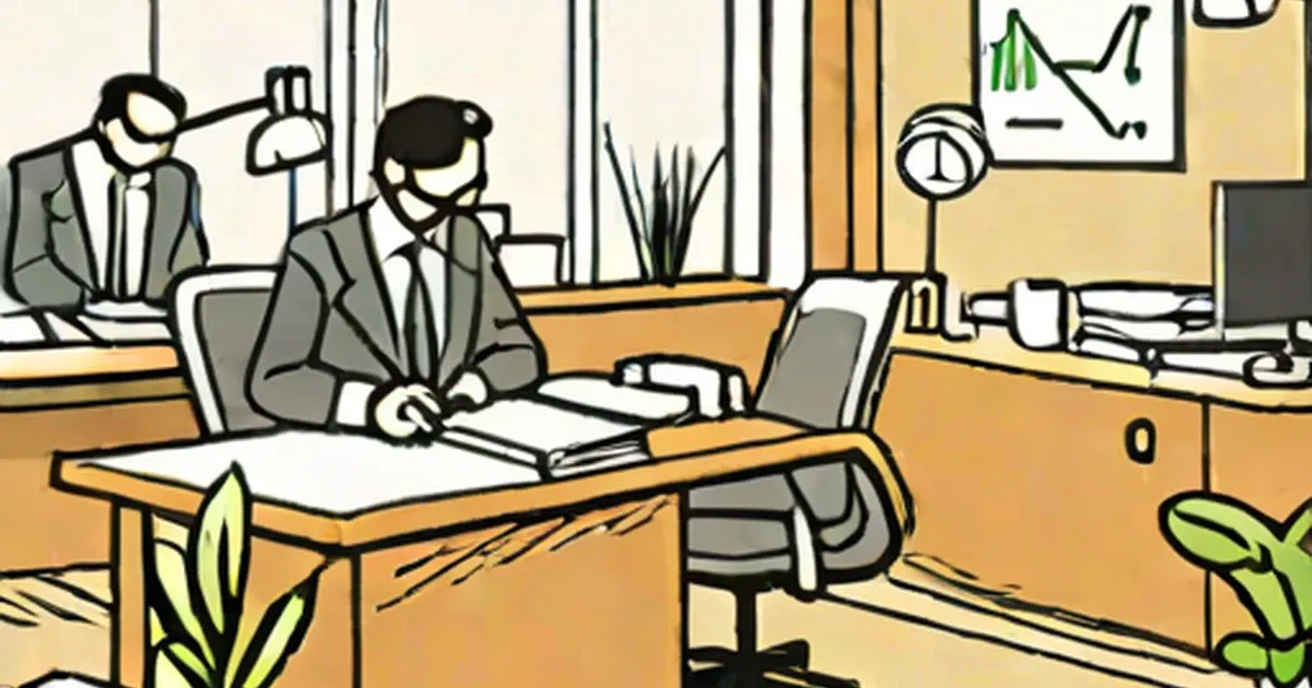 Two professionals work together at office desks with documents and plans