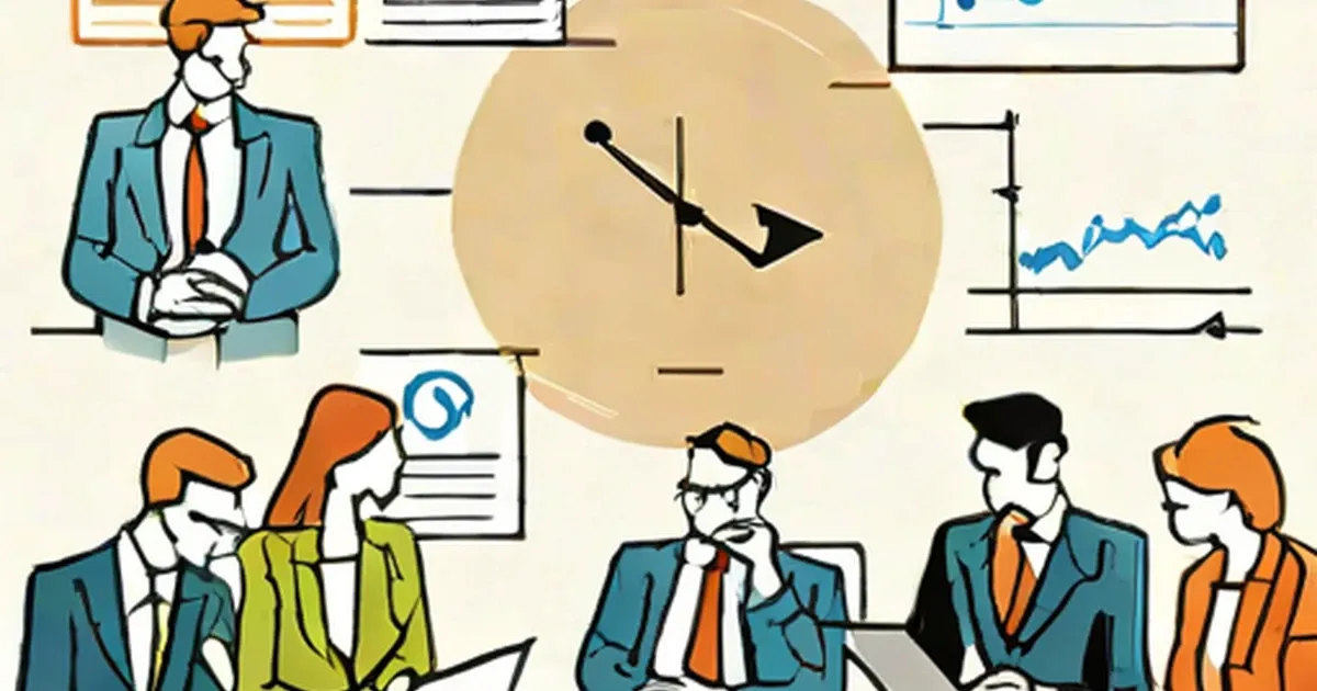 Cartoon managers at a meeting with a central clock and surrounding business charts and planning documents