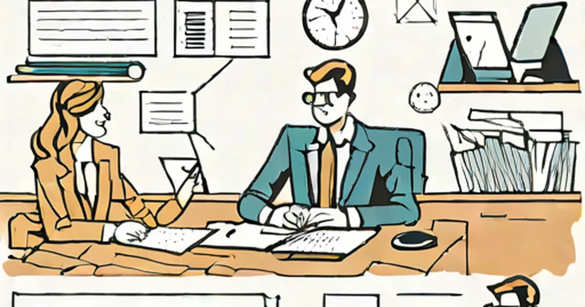 Two professionals organizing and reviewing documents at desk surrounded by office items