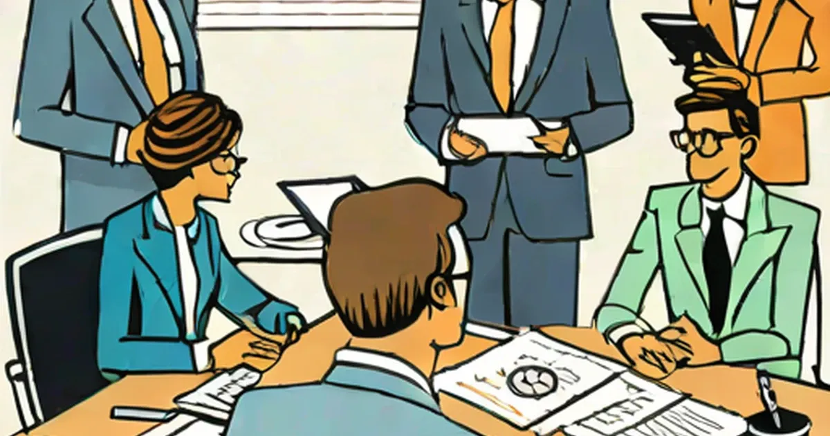 Five managers in colored suits at a conference table with papers and charts