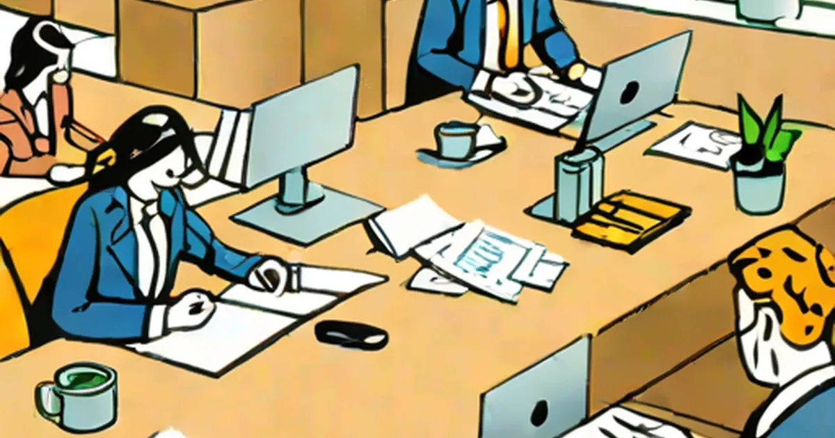 Team members at a conference table with computers, documents, and coffee
