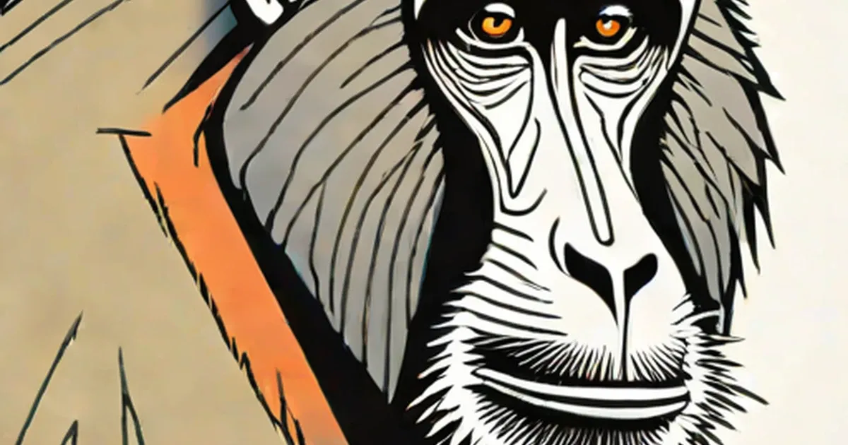 Illustrated mandrill with white facial stripes and bright orange eyes