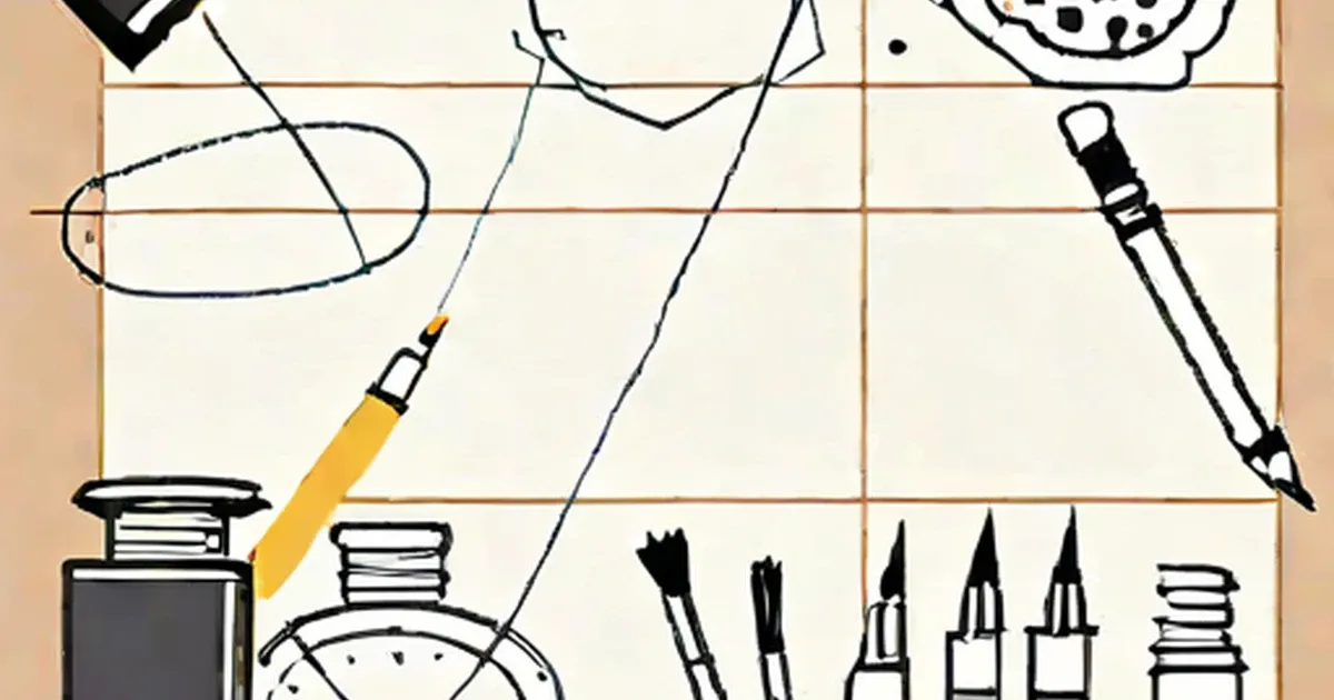 Illustration of brushes, pens, ink bottles, and tools on tan grid paper