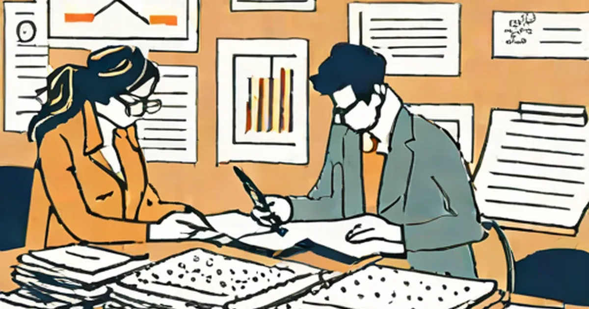 Two professionals review market research data and charts