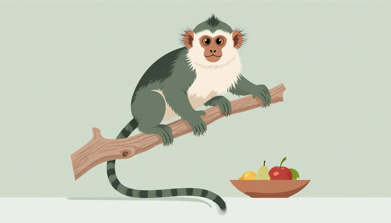 Illustration of a pet marmoset gripping a branch perch beside a small dish of fruit