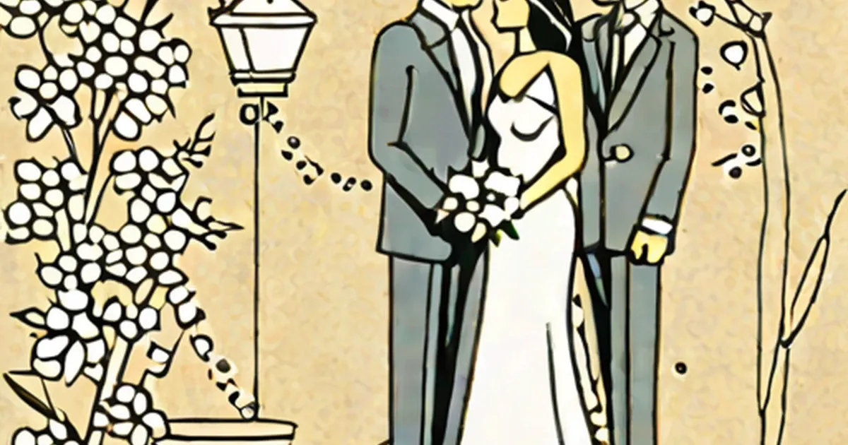 Wedding illustration of a bride in white and groom in gray holding a bouquet