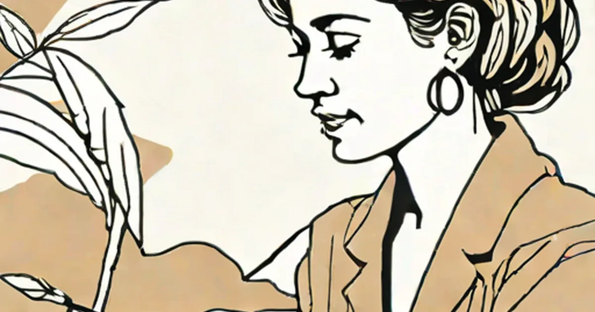 Illustrated portrait of a woman in profile with wavy hair and botanical accents