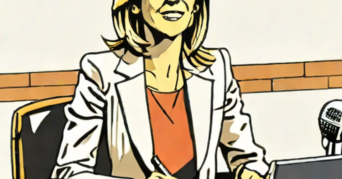 Illustration of Jacqui Oatley in white blazer at a microphone