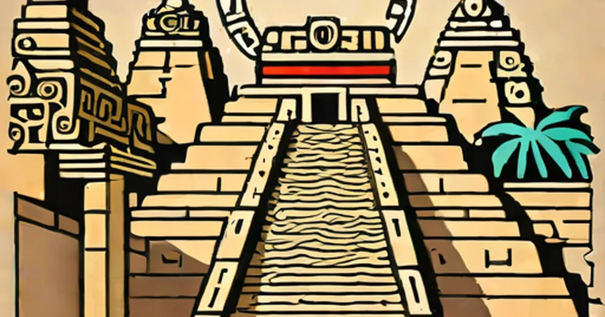 Stepped pyramid temples with ornate carvings and palm tree