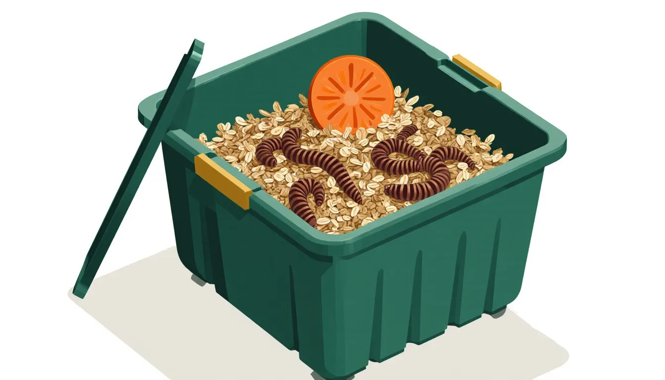 Plastic rearing bin lined with bran substrate, holding mealworms and a carrot slice for feeding