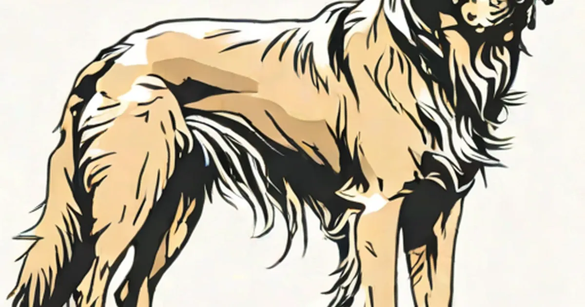 Tan and black dog with long coat standing in profile