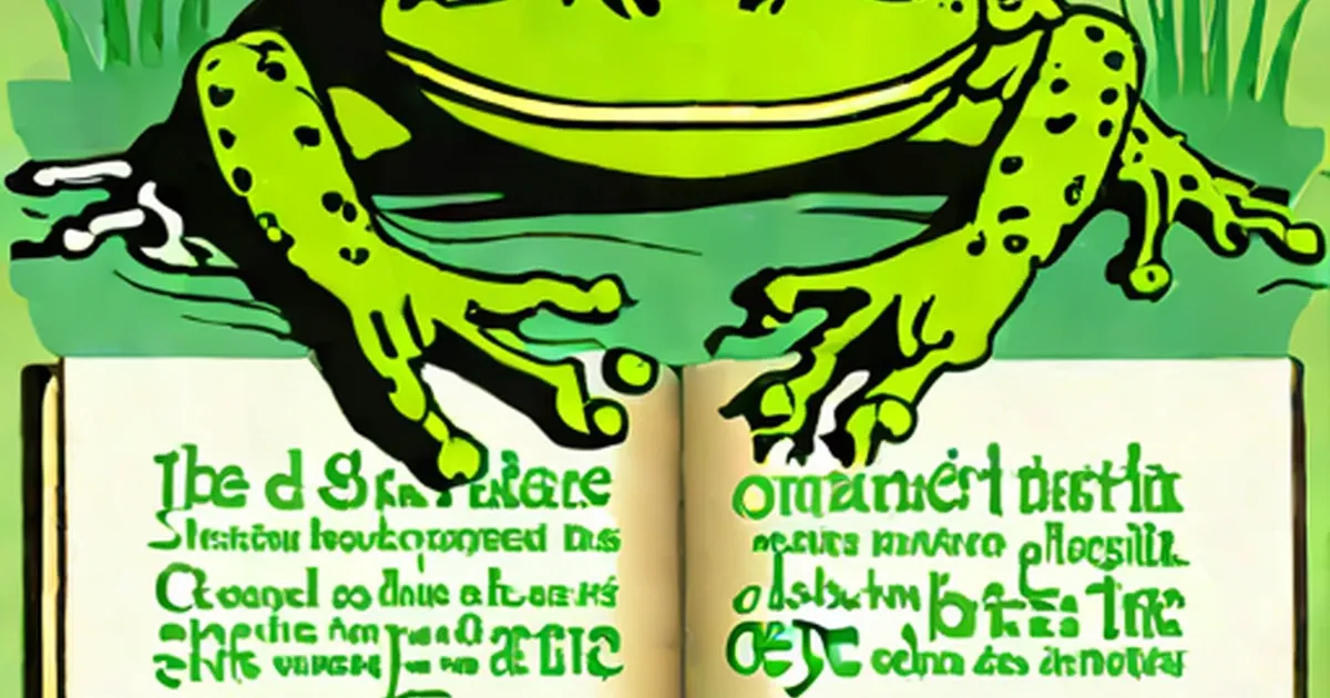 Bright green spotted frog hovering above an open book with green text