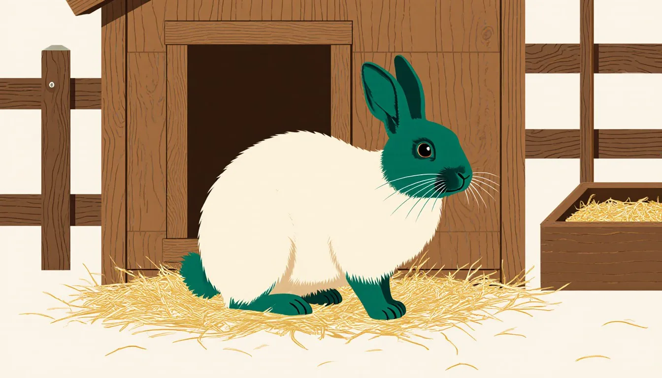 A plump meat rabbit with dark ears, nose and feet sits in a wooden hutch on a farm