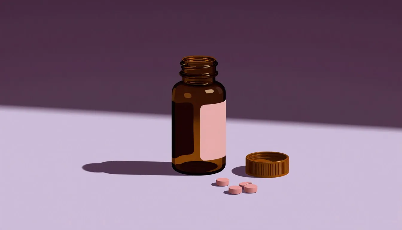 An amber prescription bottle with a blank label, its cap and a few small pink pills beside it