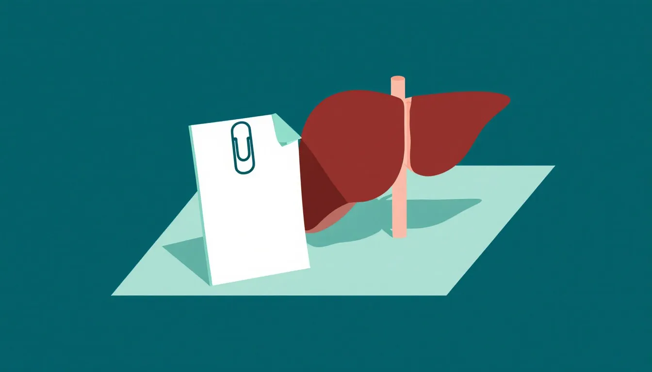 An illustrated liver organ beside a paperclipped sheet of blank paperwork, representing the two meanings of the letters HCC