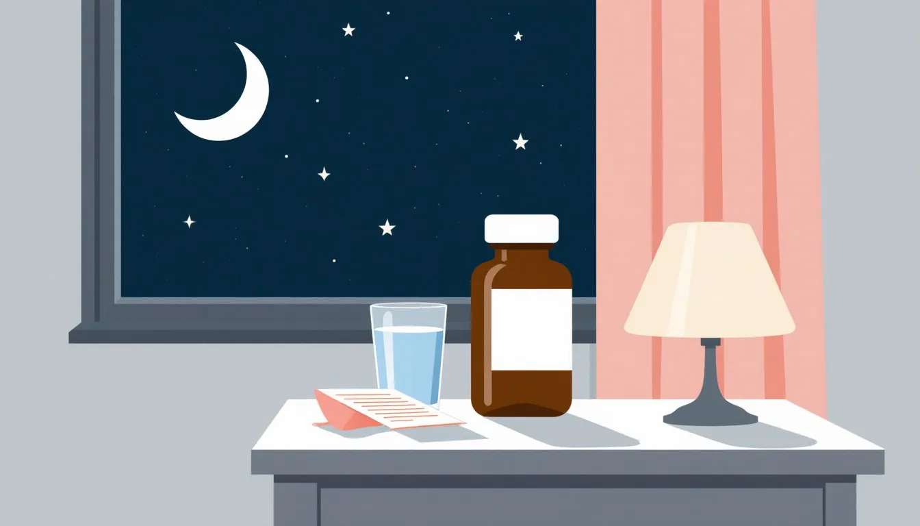 An amber pill bottle and glass of water on a nightstand, with a crescent moon in the window, evoking a bedtime medication dose