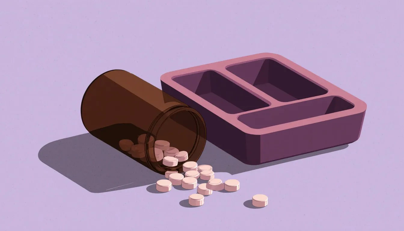A tipped amber pill bottle spilling tablets beside an empty three-compartment pill organizer, illustrating a three-times-daily schedule