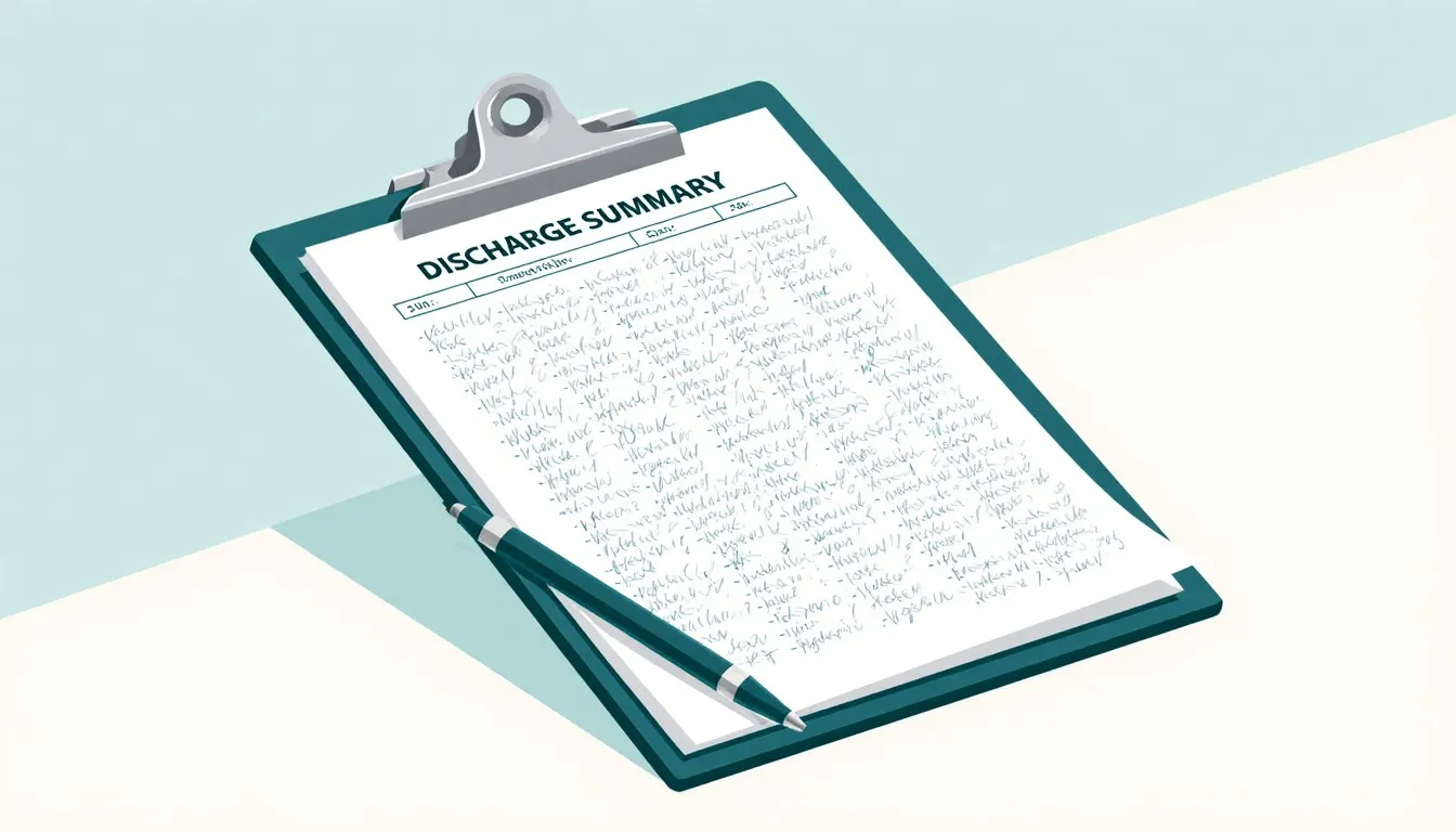 A clipboard holding a discharge summary densely filled with abbreviated shorthand notes, a pen resting across the page