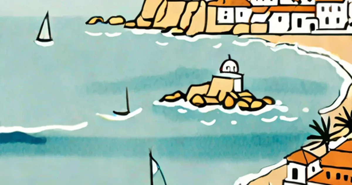 Illustrated Mediterranean coast with sailboats, lighthouse, and whitewashed village buildings