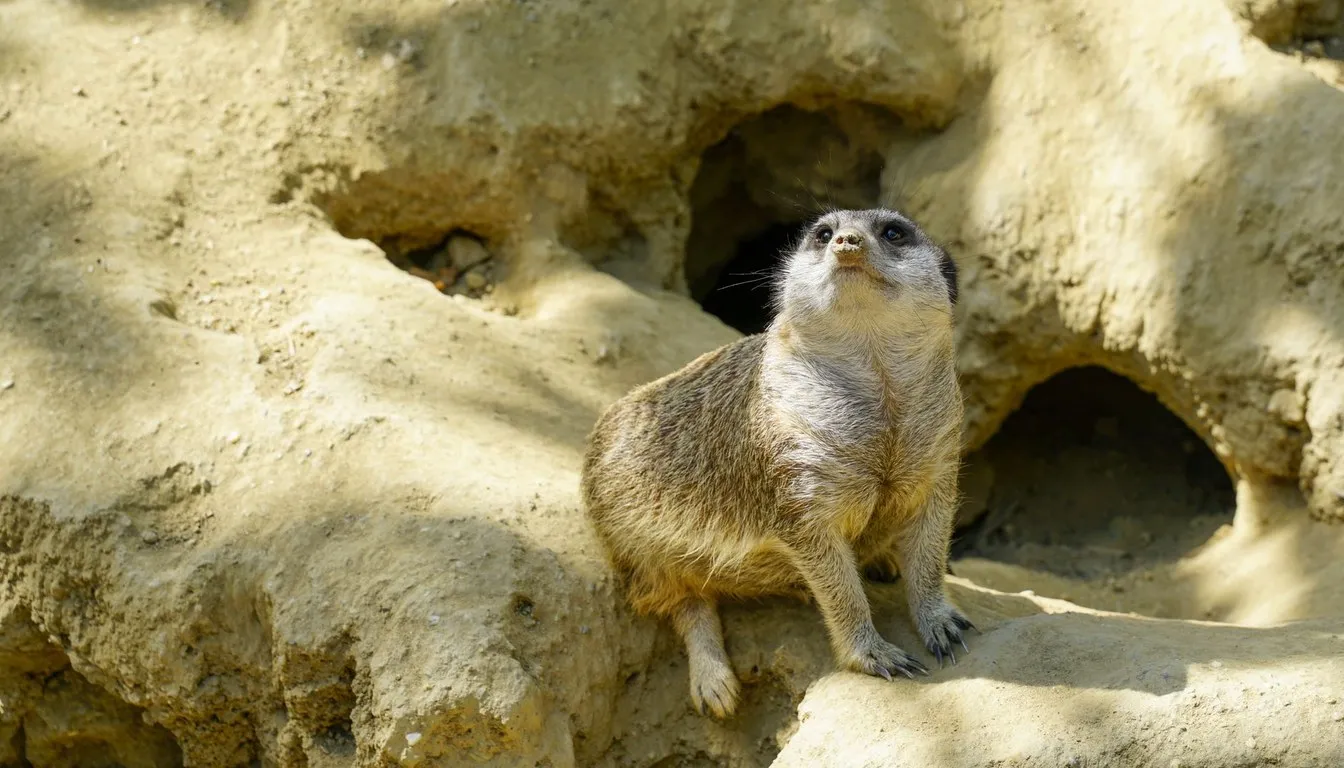 A meerkat standing at the mouth of its burrow