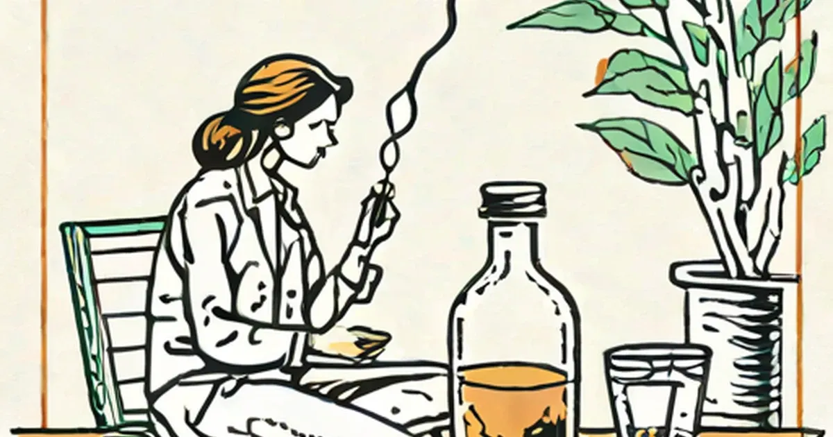 Woman at table with bottle and glass containing amber liquid