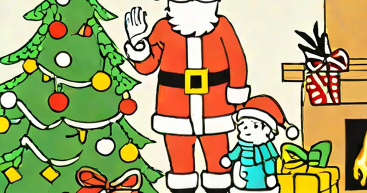 Santa and a child beside a decorated tree with ornaments and wrapped gifts