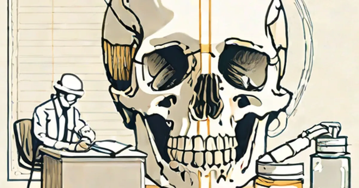 Large skull illustration next to a doctor working at a desk with medical supplies