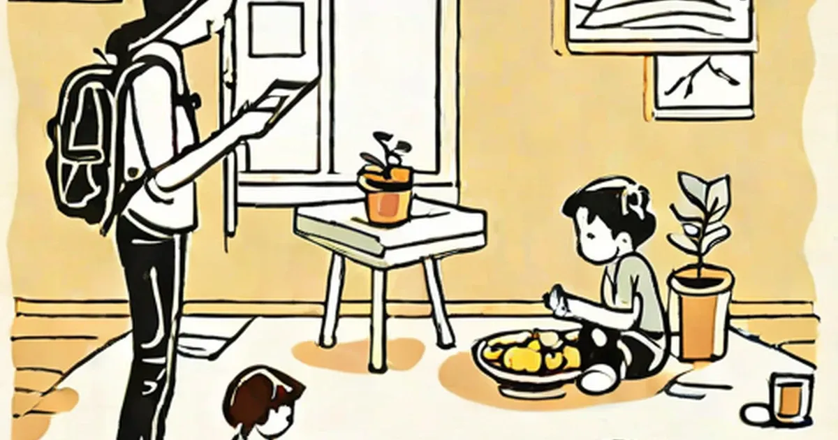 Children and adults with plants and food in an illustrated home learning scene