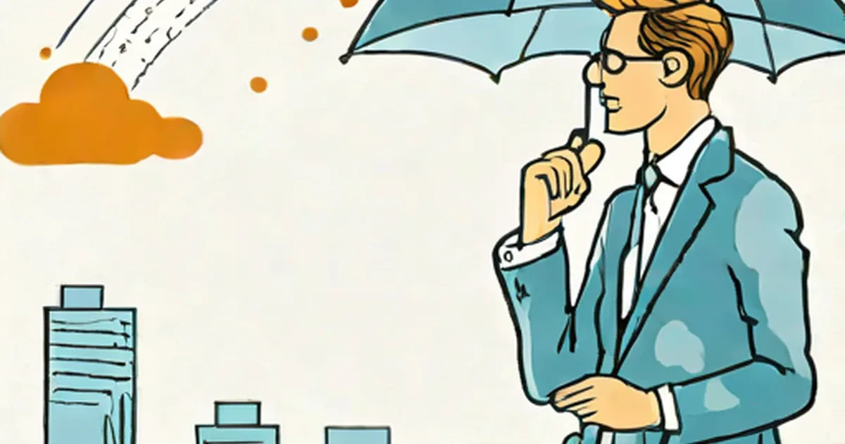 Man in business suit holding umbrella beside rain cloud and bar charts