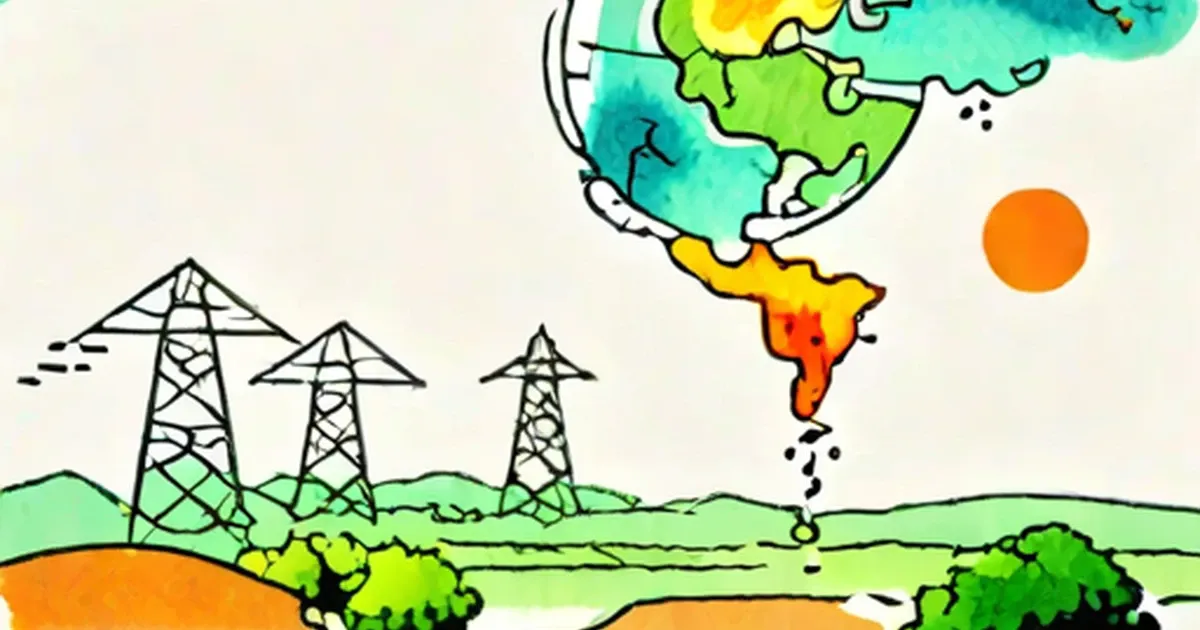 Power transmission towers with emissions rising toward a warming planet