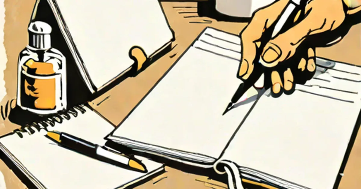 Hand with pen writing on paper next to ink bottle