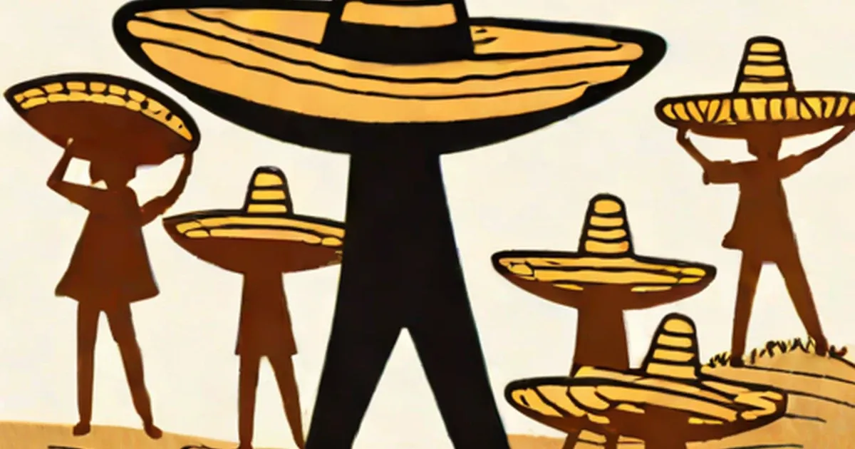 Stylized figures wearing yellow-striped sombreros arranged in dancing poses
