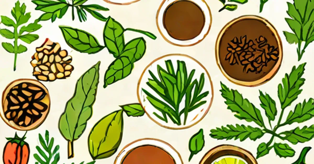 Fresh cilantro, oregano, and herbs arranged with bowls of ground spices