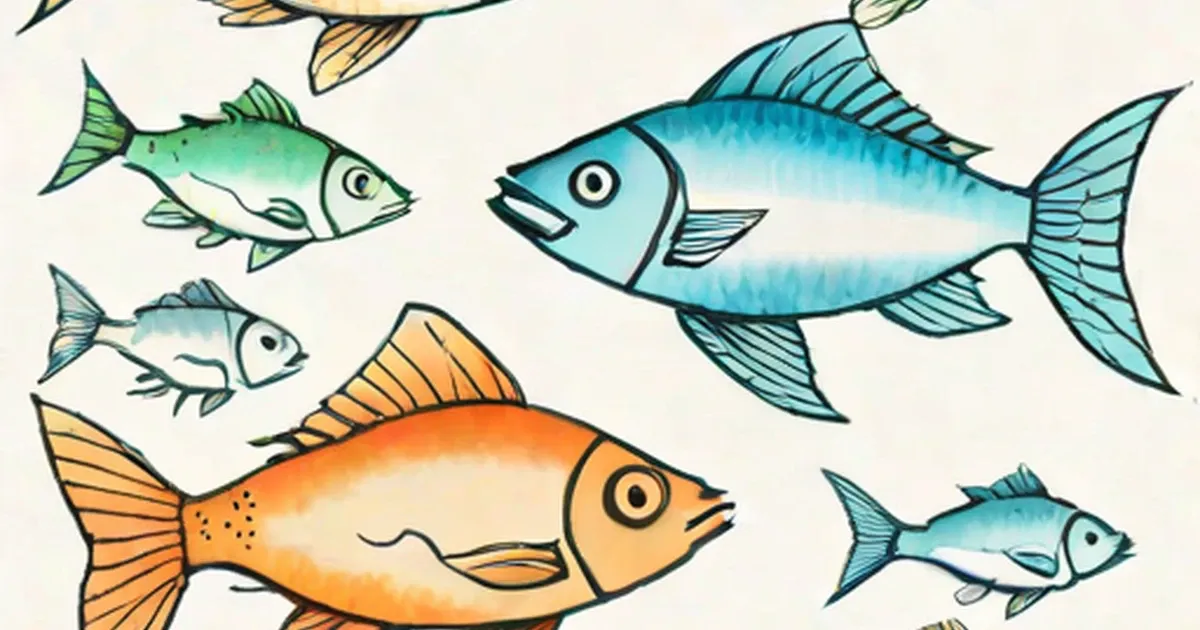 Colorful fish illustrations in blues, greens, oranges, and yellow