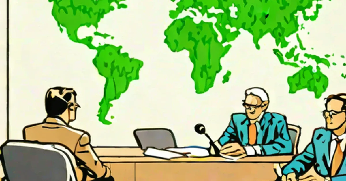 Michael Crichton at a hearing table with world map behind
