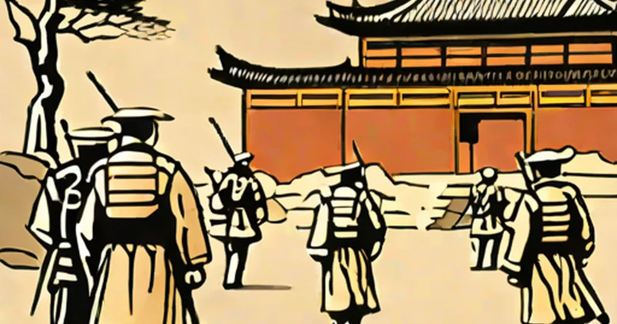 Ancient Chinese soldiers in scaled armor stationed before a traditional fortified building