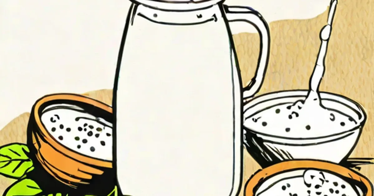 White pitcher and bowls of milk with spice and herb leaves