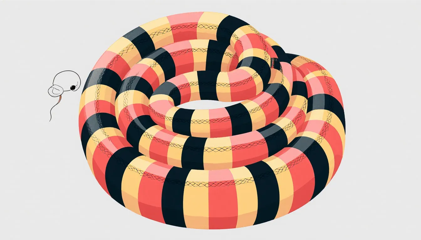 Illustration of a coiled milk snake showing its distinctive red, black, and yellow banded pattern