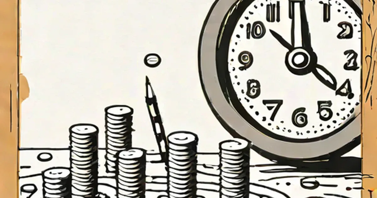 Clock and stacks of coins arranged by increasing height