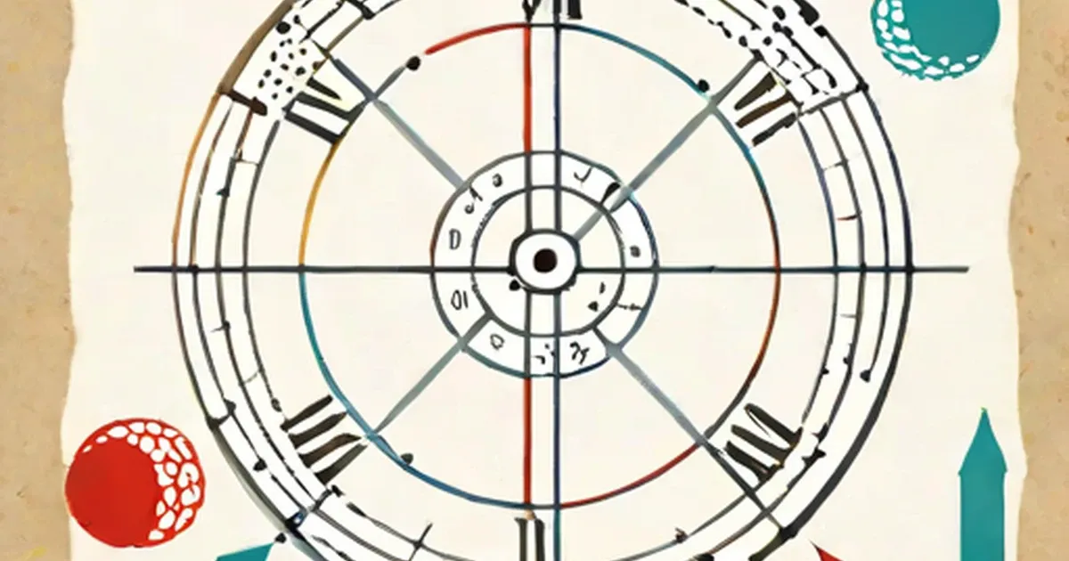 Clock diagram with concentric circles, Roman numerals, and colored radial lines