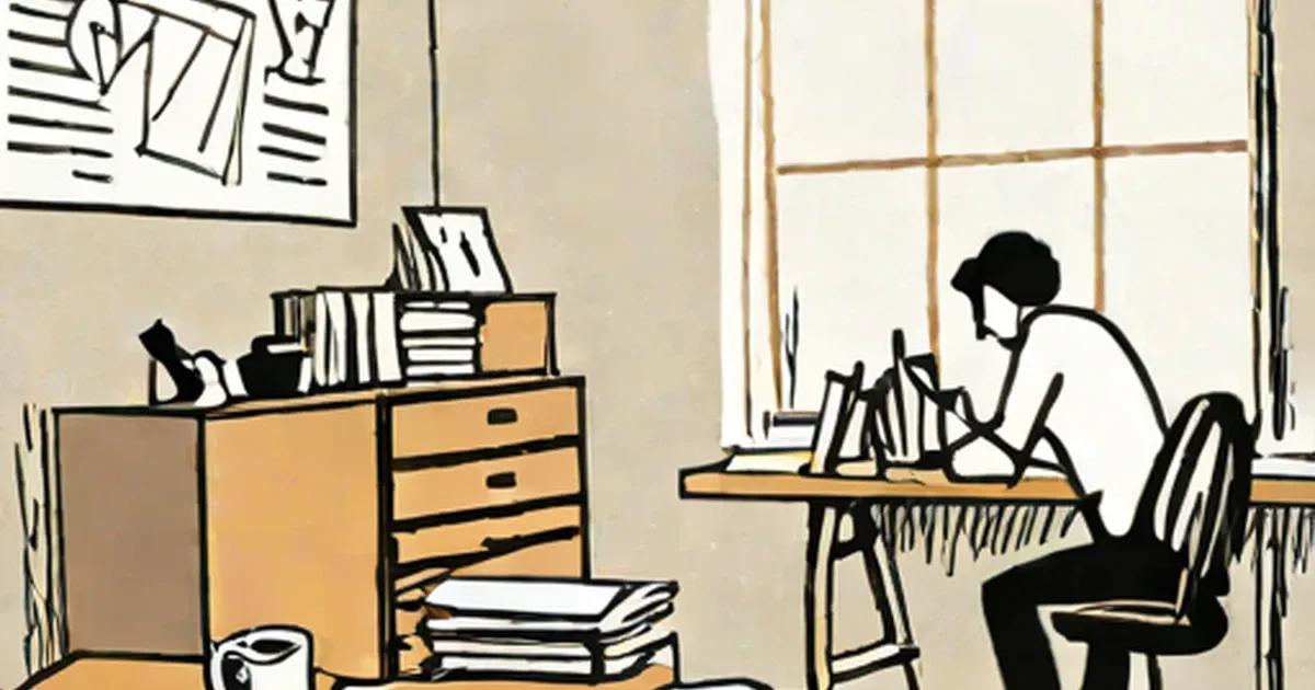 Person writing at a desk surrounded by books and papers near a window