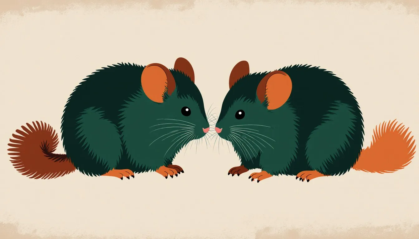 Two fluffy chinchillas with large ears and bushy tails touching noses in greeting