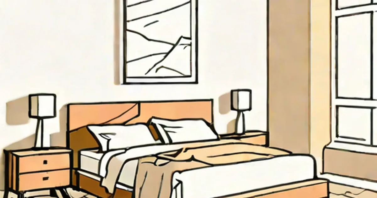 A bedroom illustration featuring a bed with a coral headboard, wooden nightstands, lamps, and framed wall art