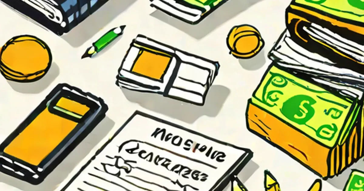 Stack of money, coins, smartphone, textbooks and budgeting notepad illustrated