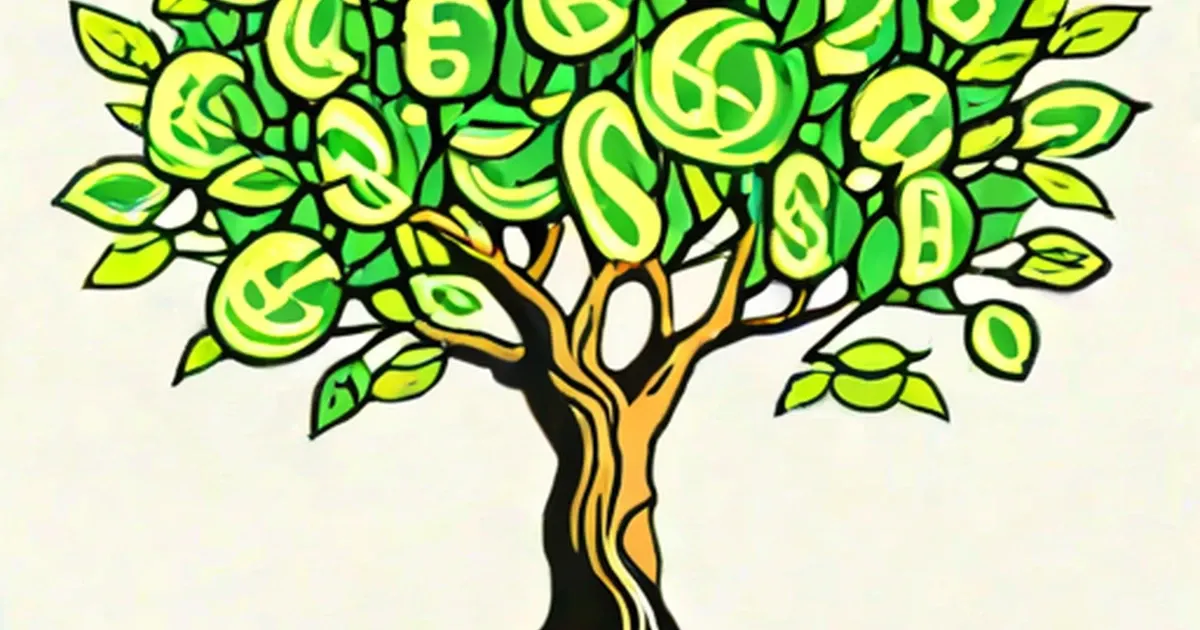 Stylized tree with golden trunk and green leaves decorated with dollar signs