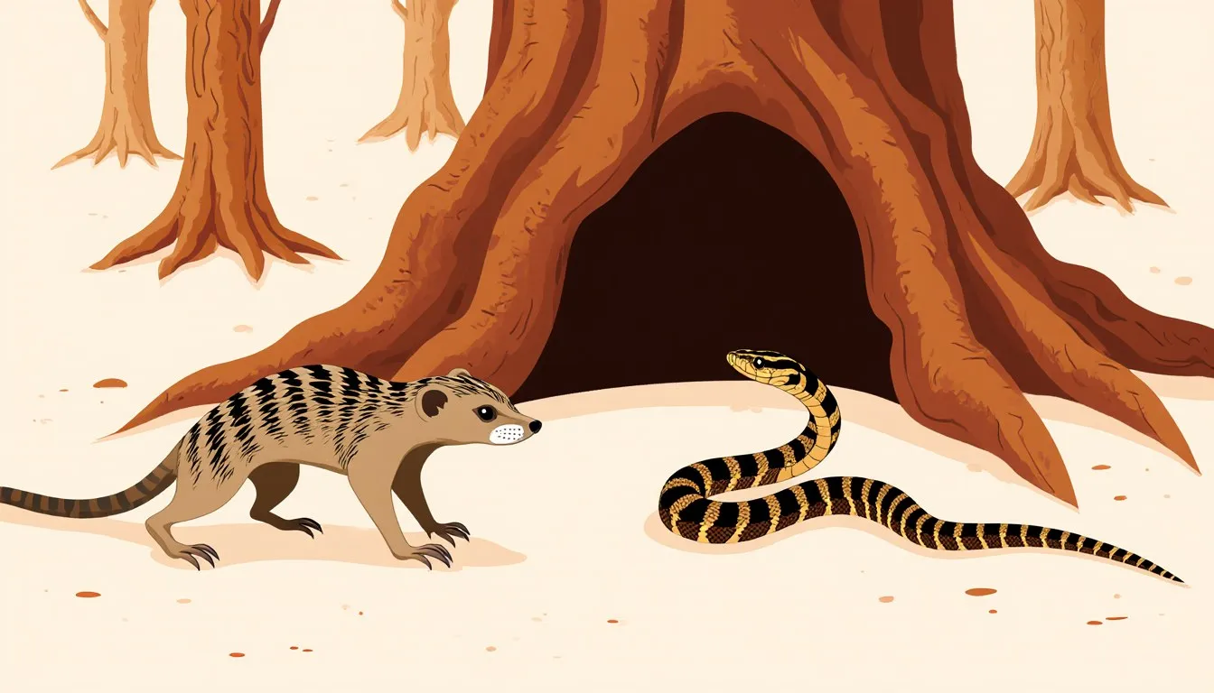 Illustration of a mongoose with extended claws facing a coiled snake at a burrow entrance