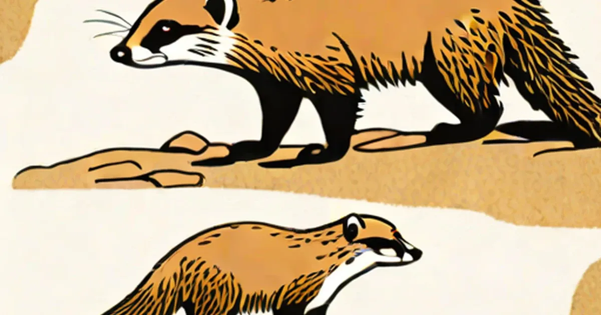 Illustrated mongooses in tan tones standing on sand