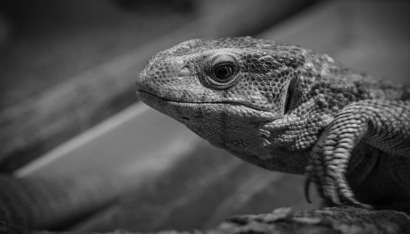 Close-up of a monitor lizard's head, in black and white