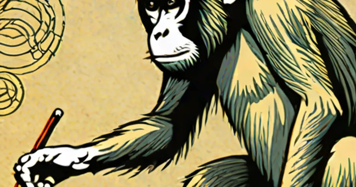 Illustrated chimpanzee with a red pencil in its hand