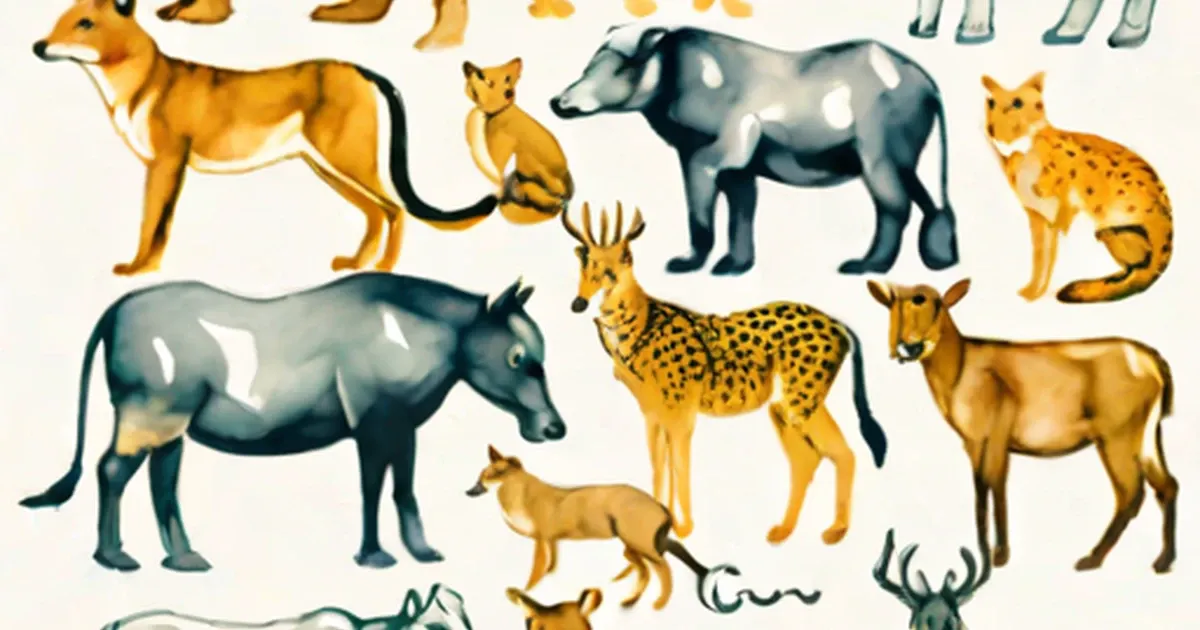 Illustrated collection of various animals including primates, antelope, and deer